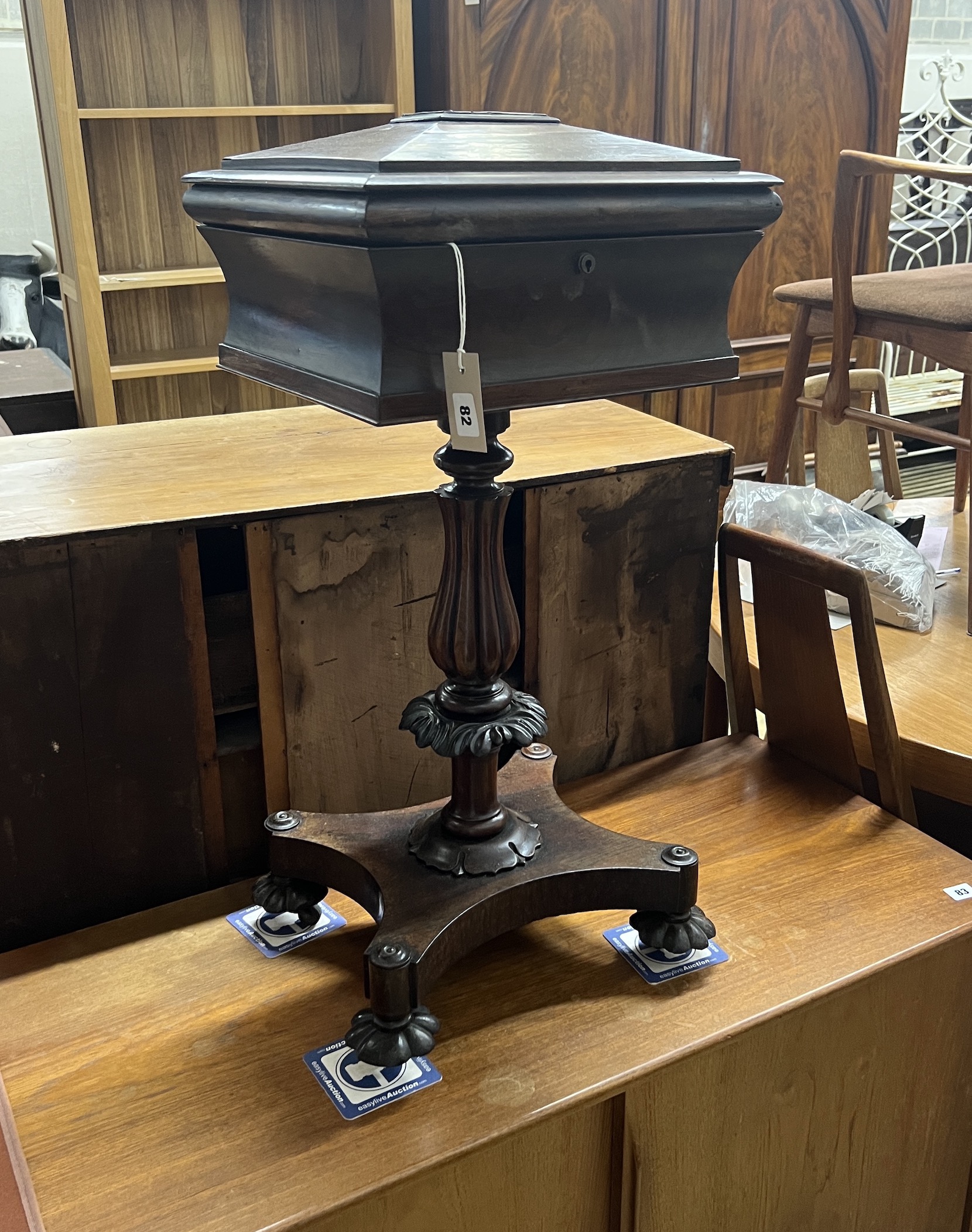 An early Victorian rosewood teapoy converted to a work box, width 38cm, depth 32cm, height 76cm